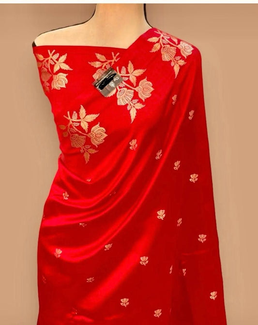 Pure crush silk saree with all over embroidery design and cut work design. Blouse - Running with butti, as - Haxberry