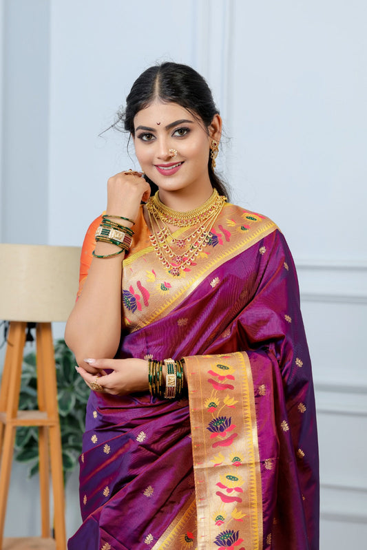 PREMIUM PURE SOFT SILK FABRIC WEAVING LOTUS 🪷 PETHANI SAREE PURE GOLD COPPER ZARI WEAVING 🪷 LOTUS PALLU MEENAKARI LOTUS BORDER* - Haxberry