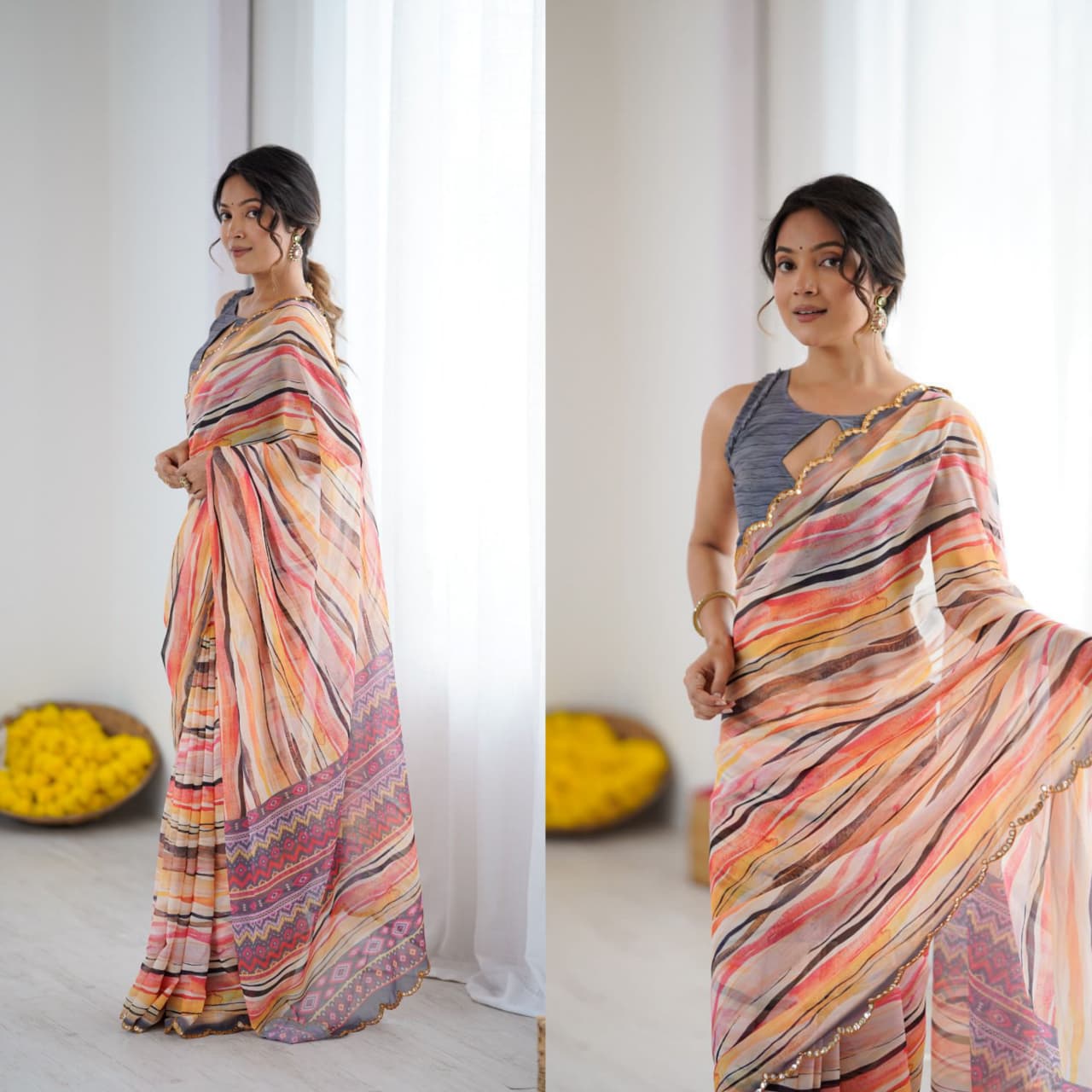 PRINTED SARI WITH MIRROR WORK