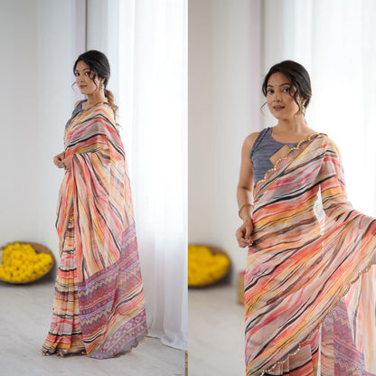 PRINTED SARI WITH MIRROR WORK
